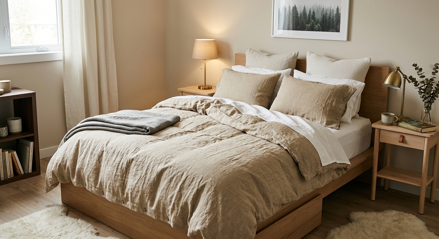 Stonewashed linen duvet set in oat colour